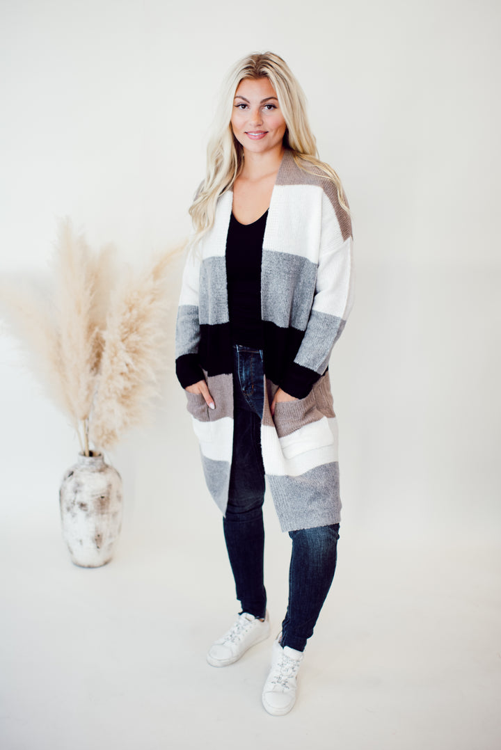 Autumn Calls Color Block Cardigan (Taupe/White)