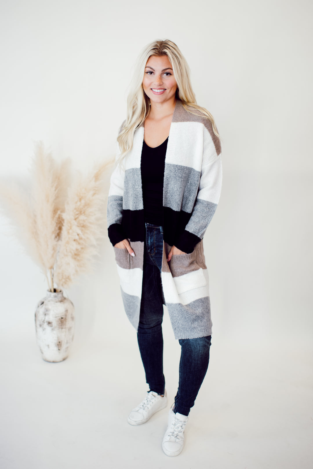 Autumn Calls Color Block Cardigan (Taupe/White)