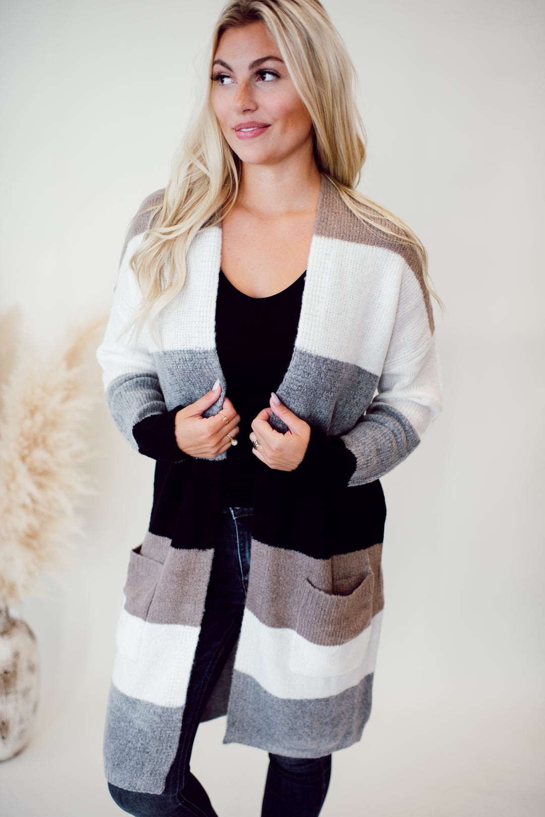 Autumn Calls Color Block Cardigan (Taupe/White)