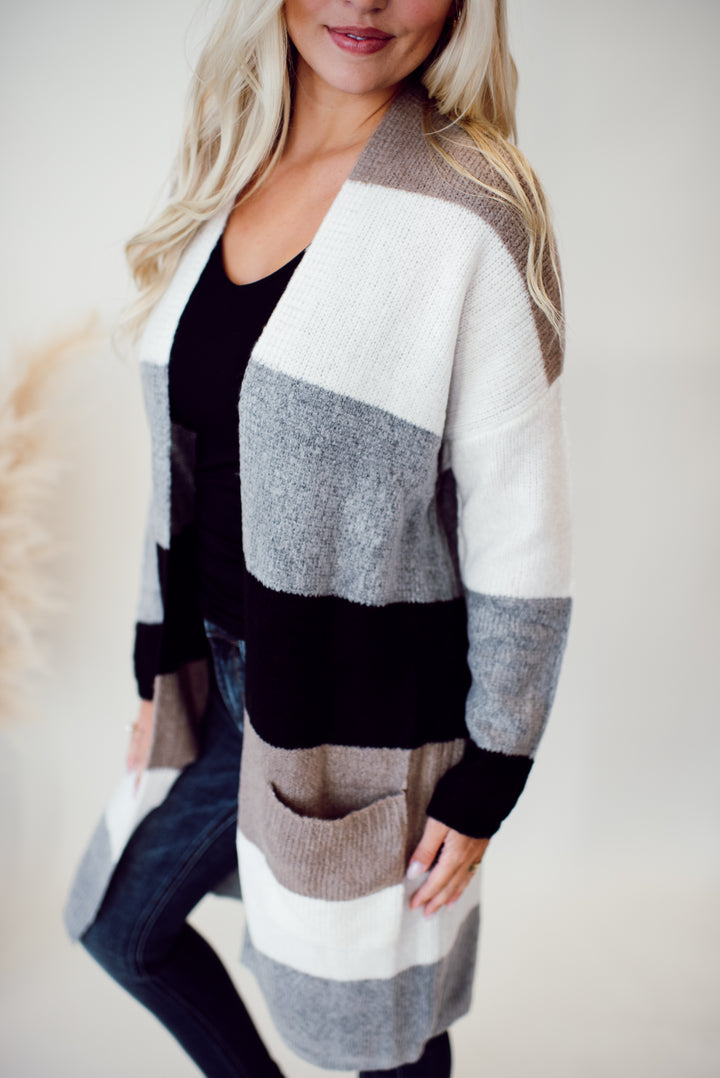 Autumn Calls Color Block Cardigan (Taupe/White)