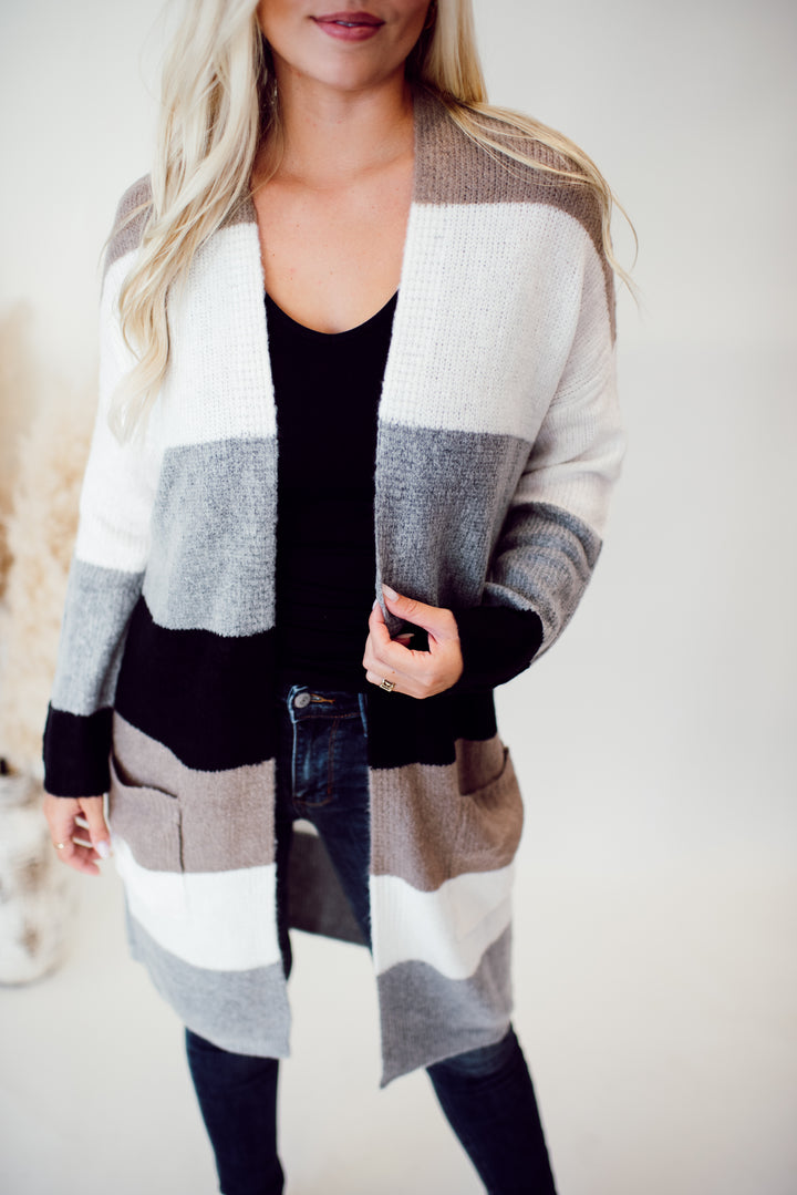 Autumn Calls Color Block Cardigan (Taupe/White)