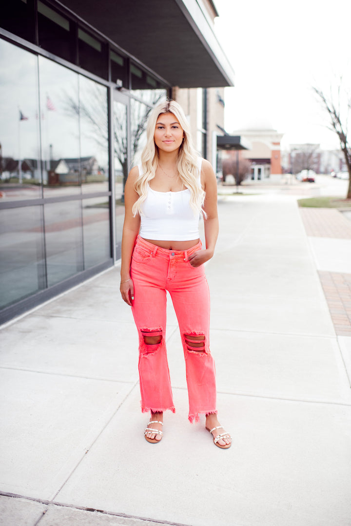 Risen Coral Crush High Rise Distressed Straight Jeans (Neon Coral Pink)