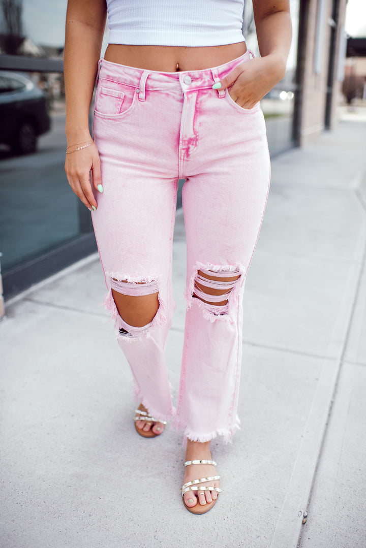 Risen Sweet Pink High Rise Distressed Straight Jeans (Acid Pink)