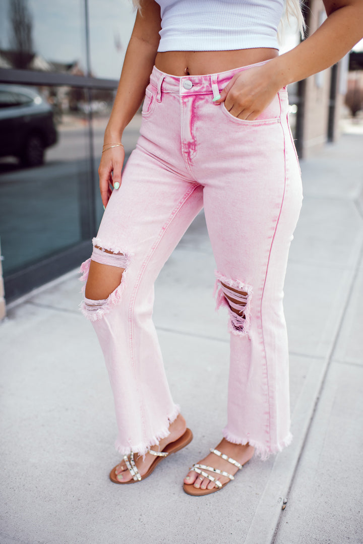 Risen Sweet Pink High Rise Distressed Straight Jeans (Acid Pink)