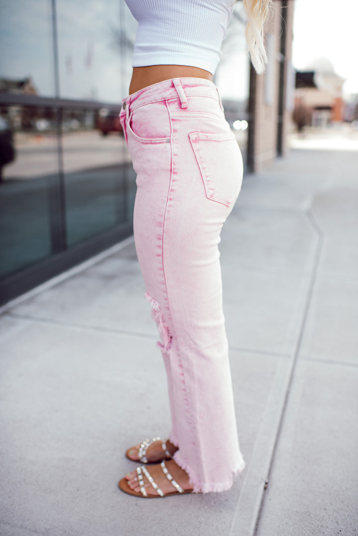 Risen Sweet Pink High Rise Distressed Straight Jeans (Acid Pink)