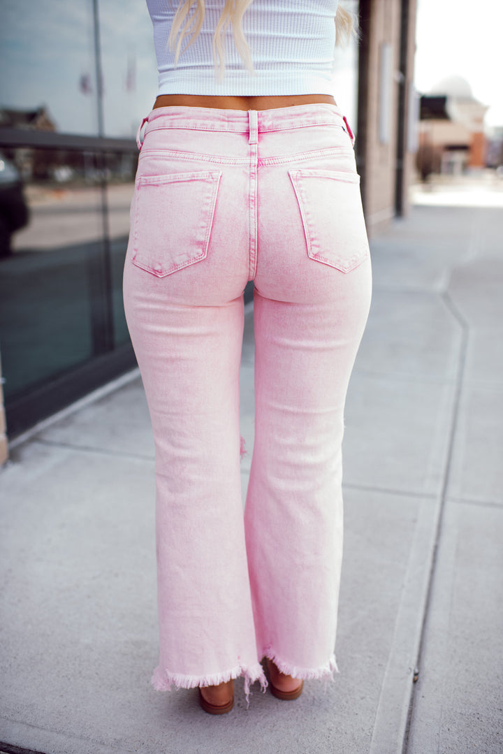 Risen Sweet Pink High Rise Distressed Straight Jeans (Acid Pink)