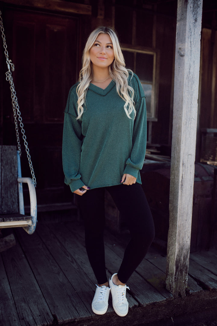 Ribbed Appeal Long Sleeve V-Neck (Hunter Green)