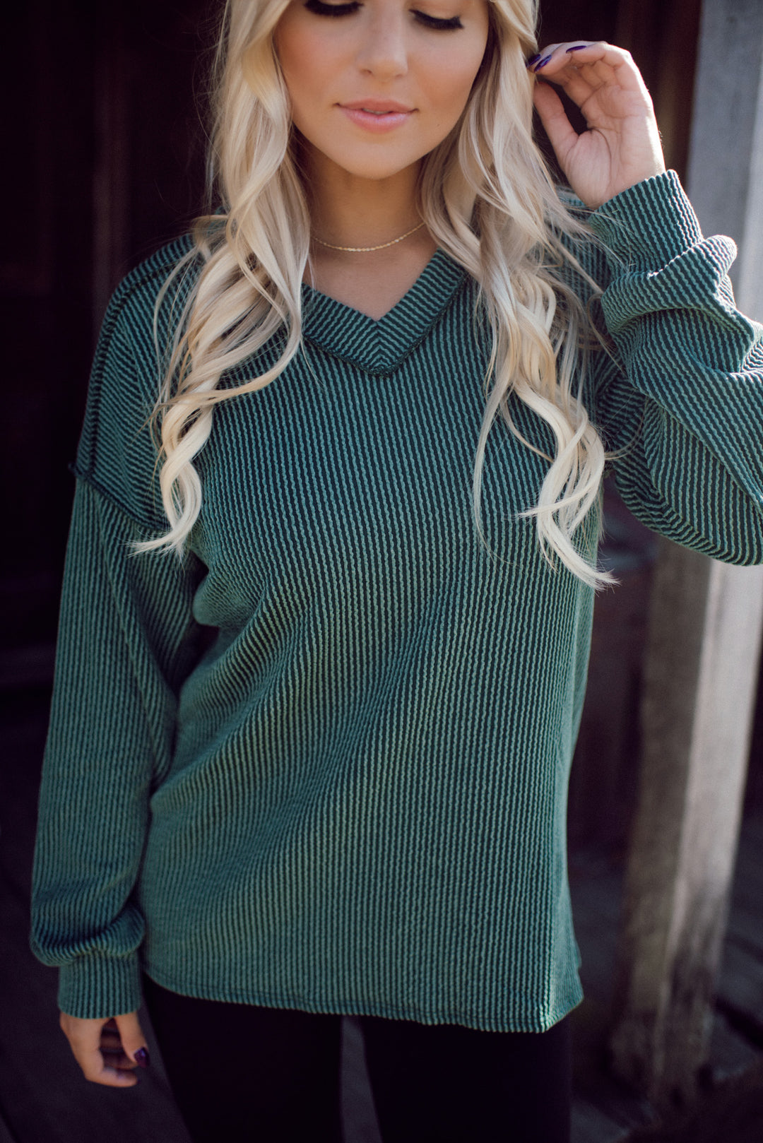 Ribbed Appeal Long Sleeve V-Neck (Hunter Green)