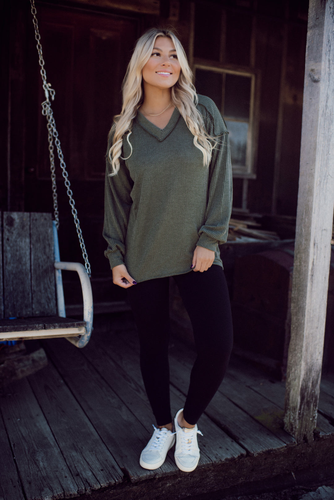 Ribbed Appeal Long Sleeve V-Neck (Olive)