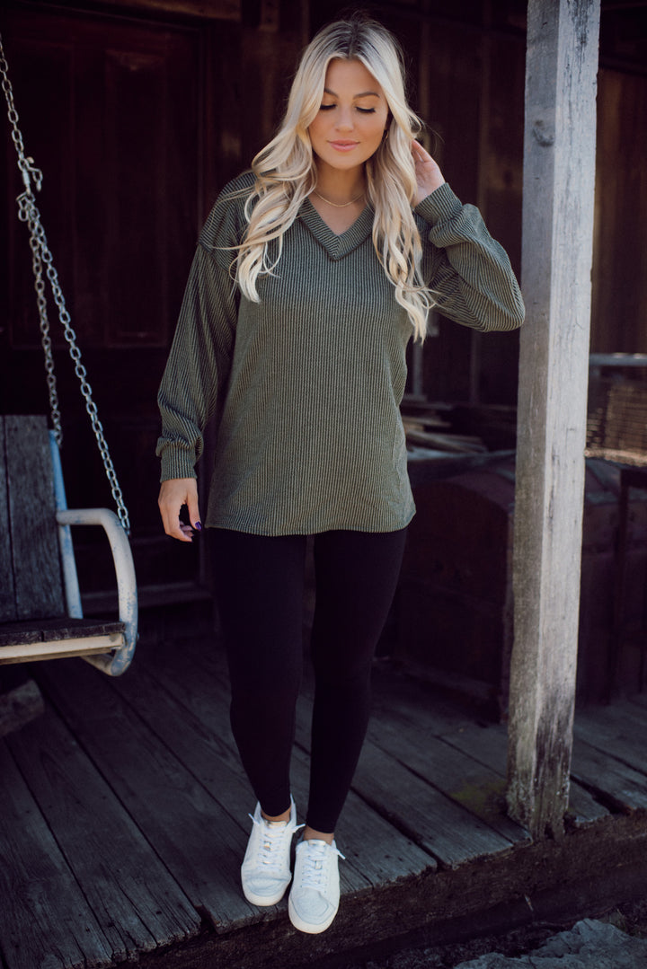 Ribbed Appeal Long Sleeve V-Neck (Olive)