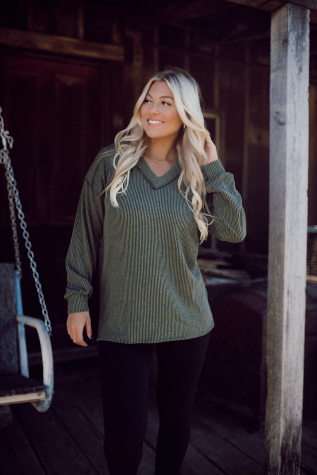 Ribbed Appeal Long Sleeve V-Neck (Olive)