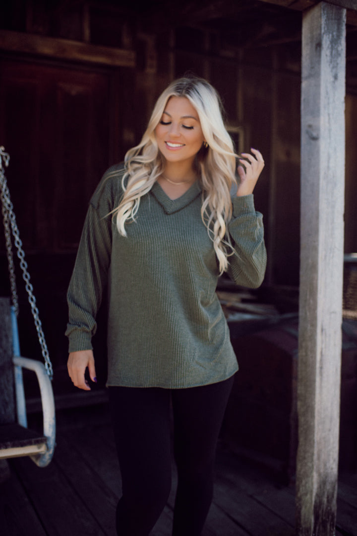 Ribbed Appeal Long Sleeve V-Neck (Olive)