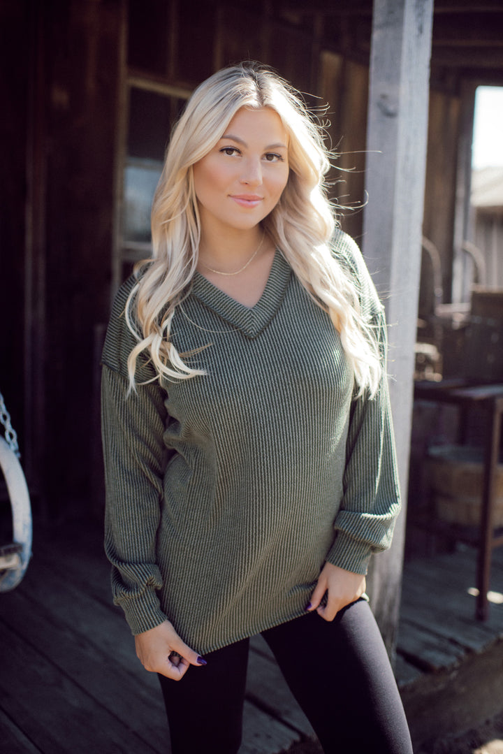 Ribbed Appeal Long Sleeve V-Neck (Olive)