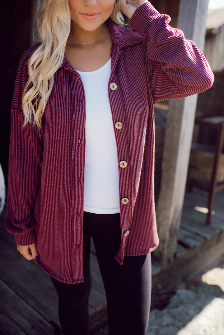 Feelin' Fine Ribbed Button Down (Burgundy)