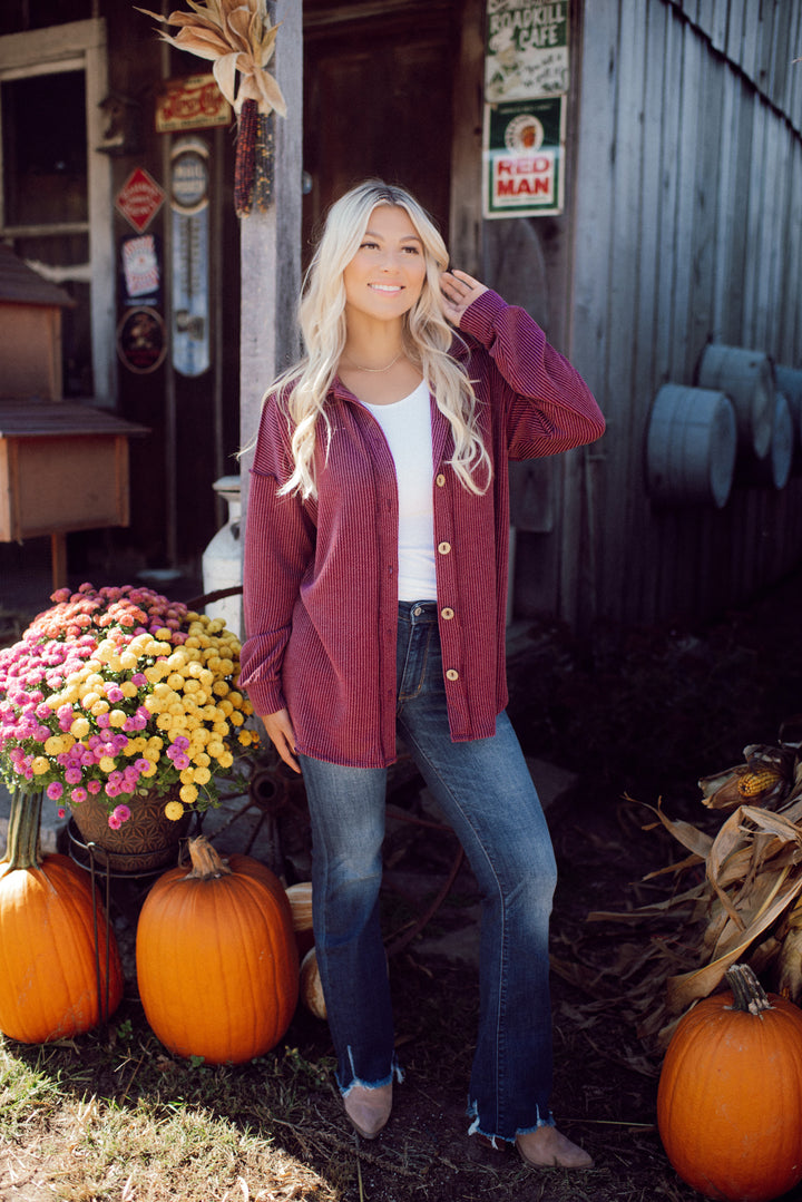 Feelin' Fine Ribbed Button Down (Burgundy)