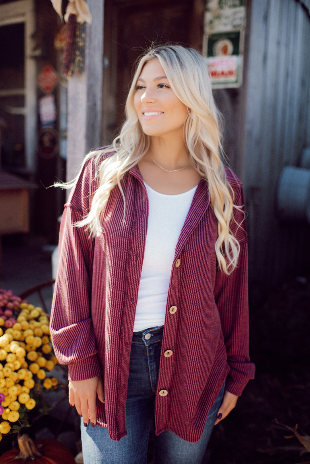 Feelin' Fine Ribbed Button Down (Burgundy)