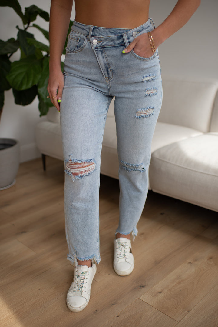 Risen Parklyn Crossover Light Wash Destroyed Girlfriend Denim