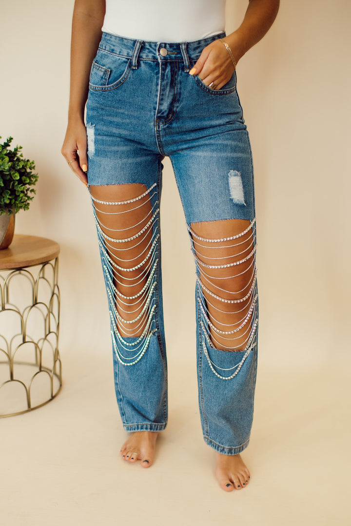 Broadway Rhinestone Denim Jeans (Medium Wash)