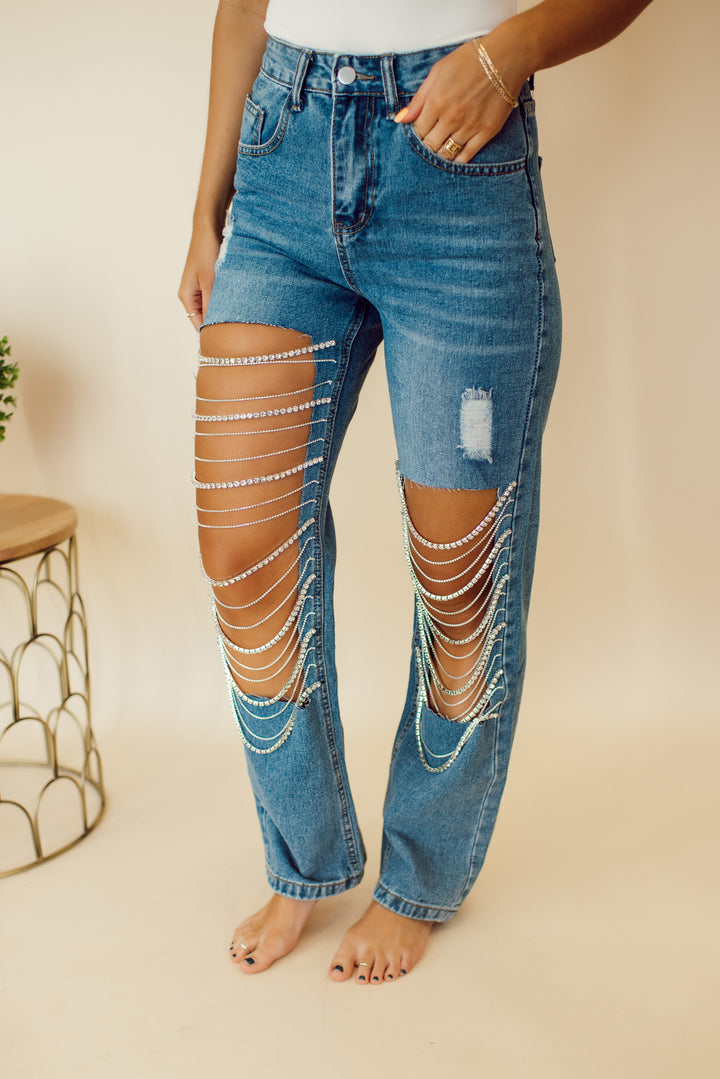 Broadway Rhinestone Denim Jeans (Medium Wash)