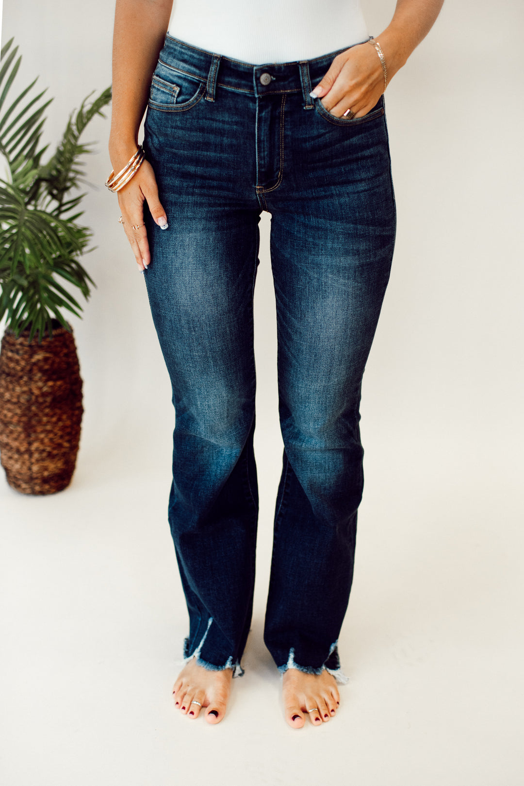 Judy Blue Charity Mid Rise Distressed Hem Bootcut Jeans (Dark Wash)