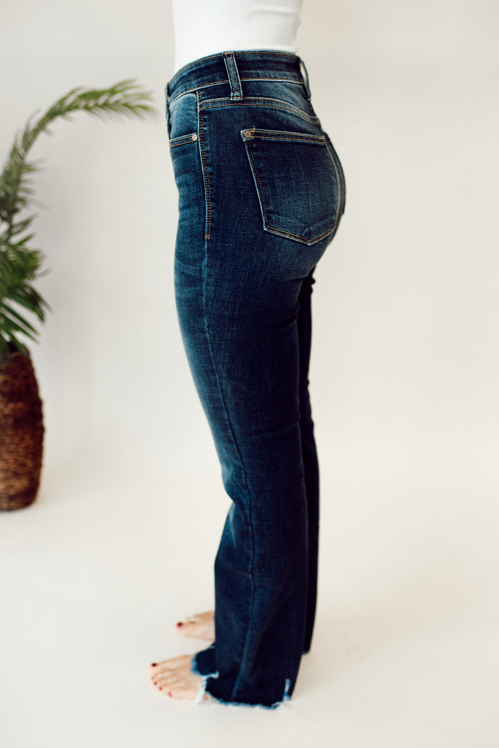 Judy Blue Charity Mid Rise Distressed Hem Bootcut Jeans (Dark Wash)