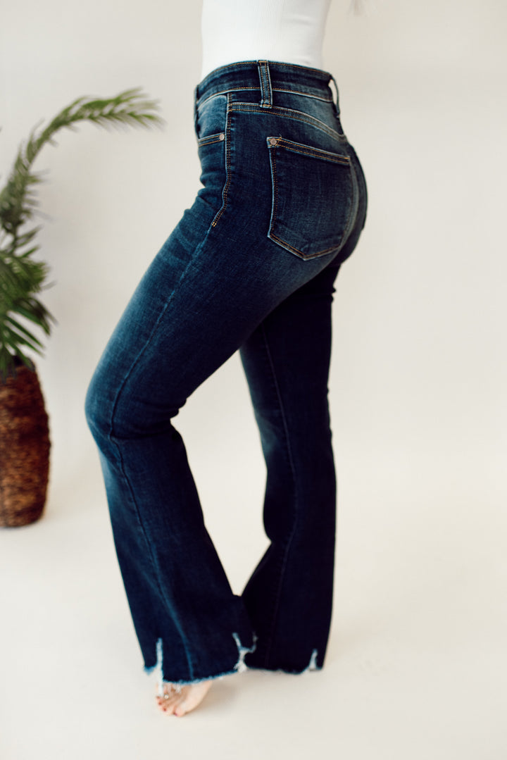 Judy Blue Charity Mid Rise Distressed Hem Bootcut Jeans (Dark Wash)