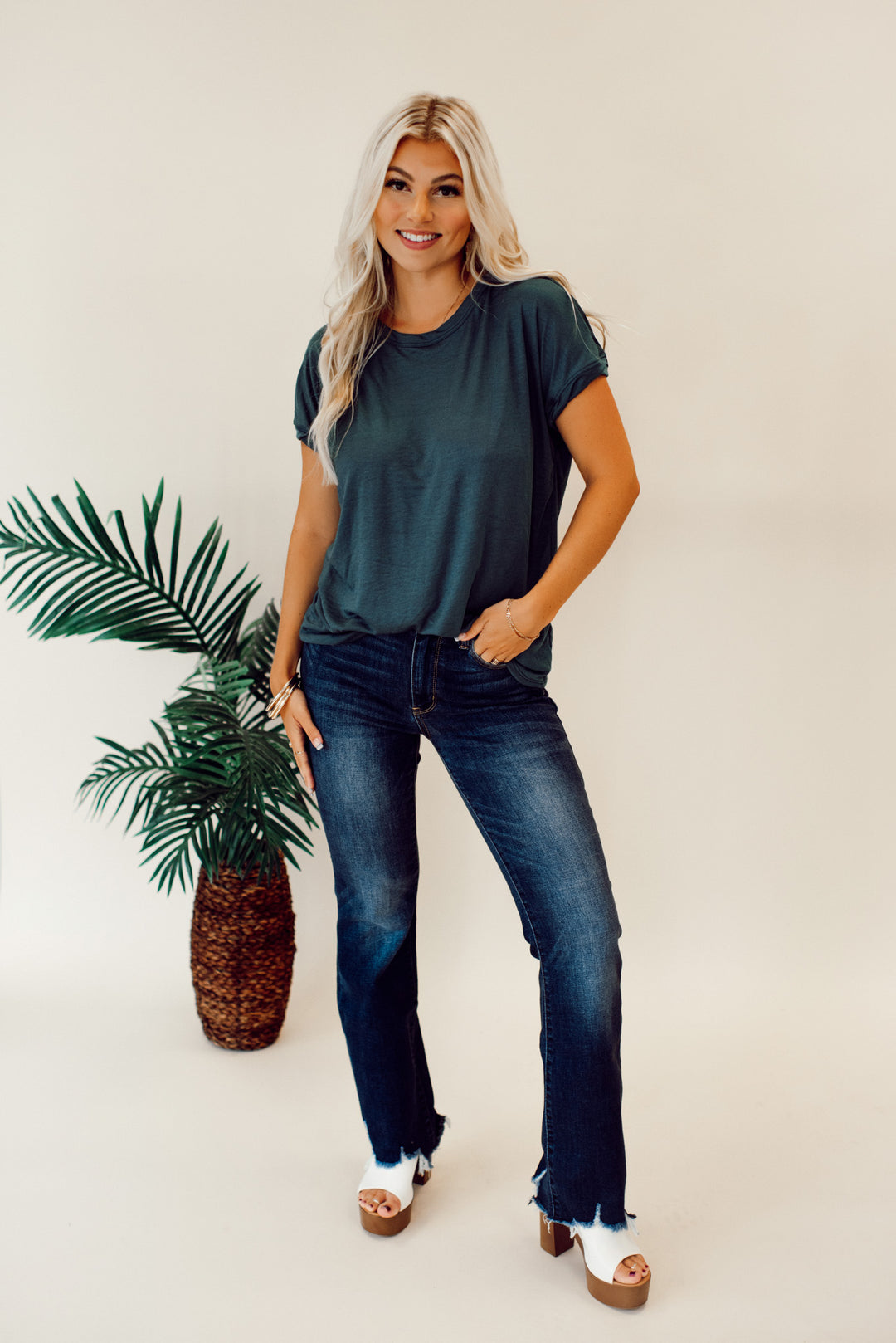 Judy Blue Charity Mid Rise Distressed Hem Bootcut Jeans (Dark Wash)