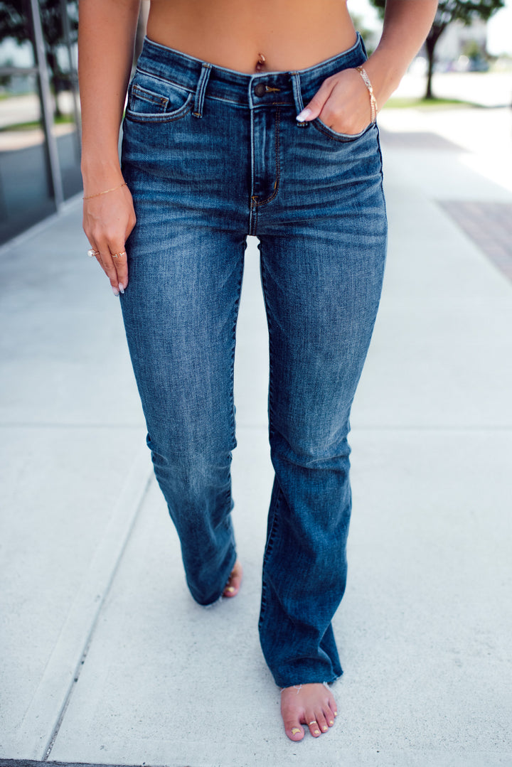 Judy Blue Josephine Mid Rise Raw Hem Bootcut Jeans