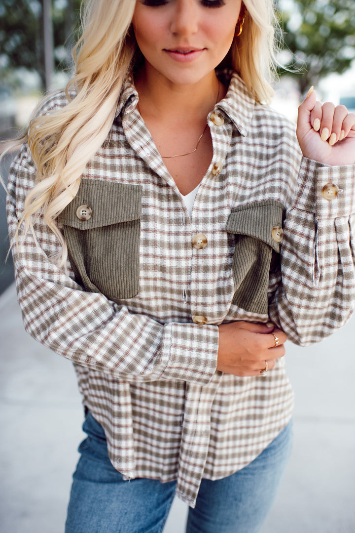 Arden Contrast Plaid Shacket (Olive Multi)