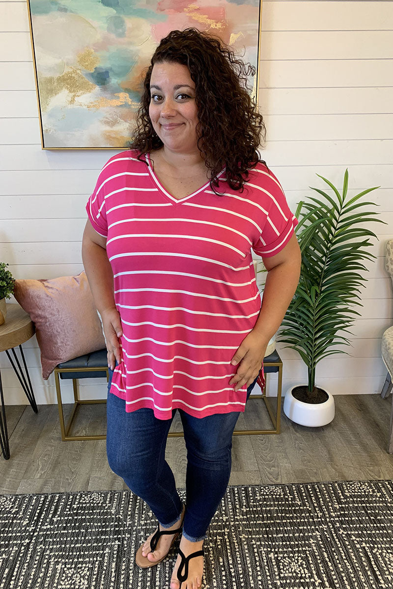 Striped Split Tunic (Hot Pink/Ivory)