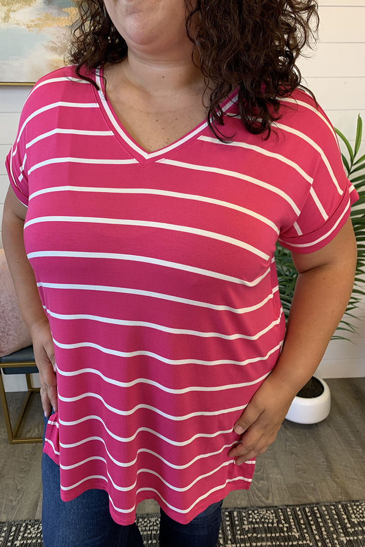 Striped Split Tunic (Hot Pink/Ivory)