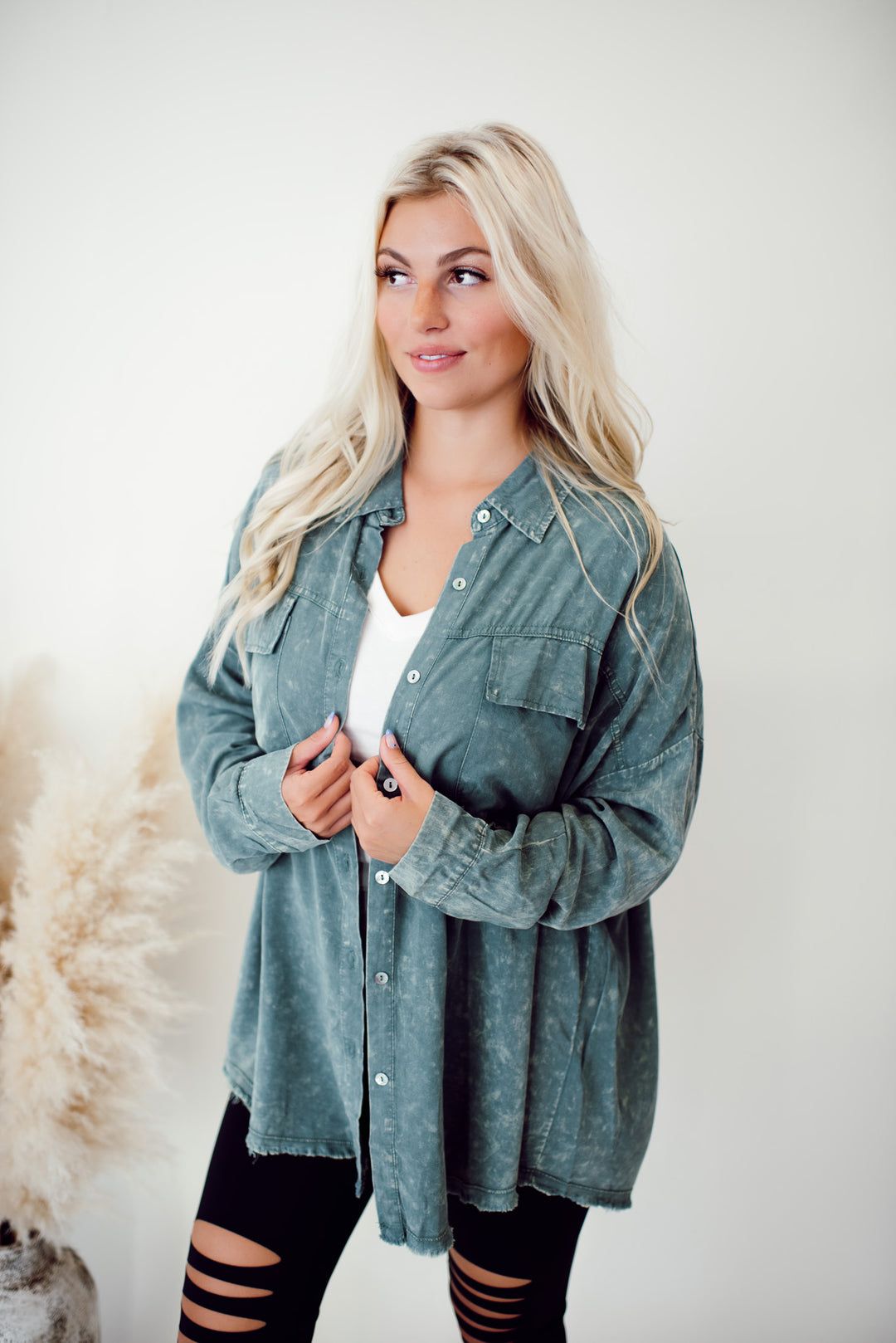 Mineral Wash Button Down Shirt (Sage Green)