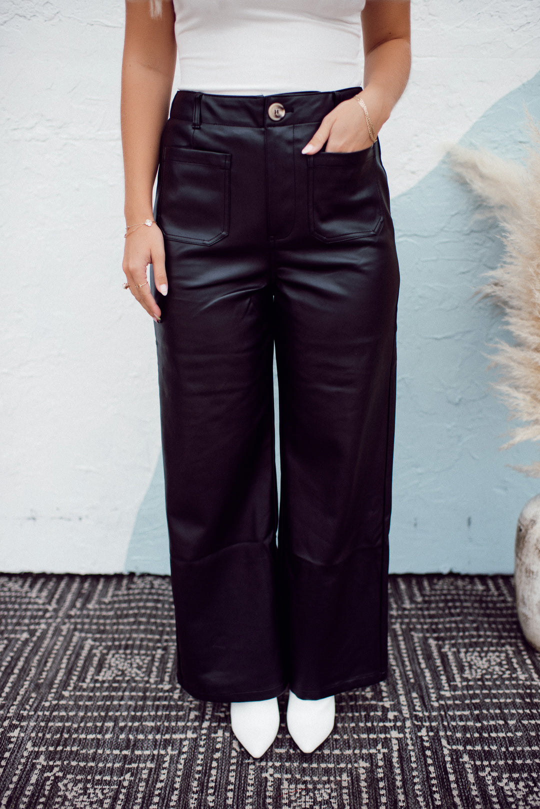 Patch Pocket Faux Leather Pants (Black)