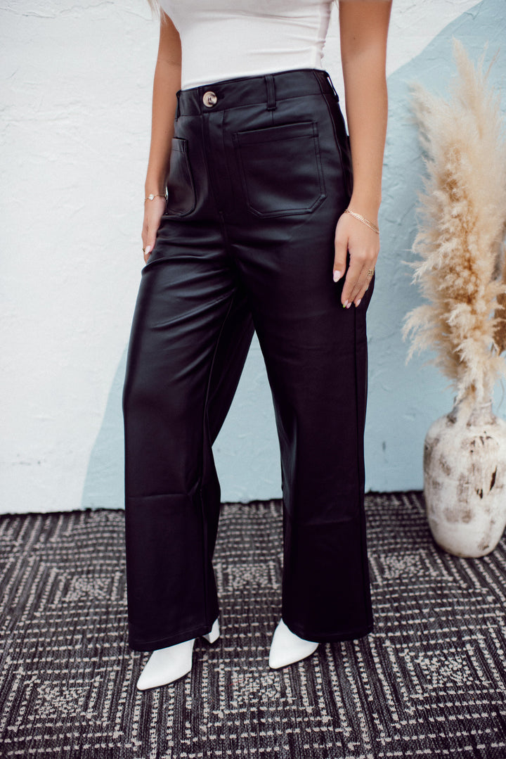 Patch Pocket Faux Leather Pants (Black)