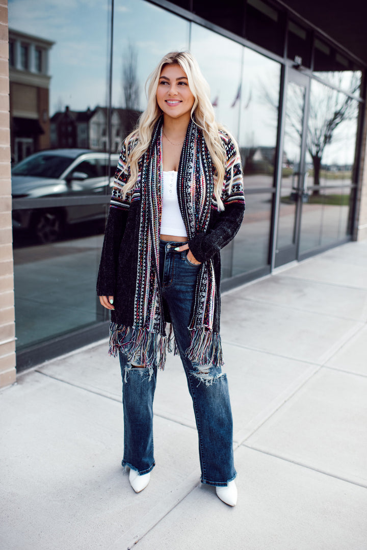 Shawl Collar Boho Cardigan - Charcoal/Ivory