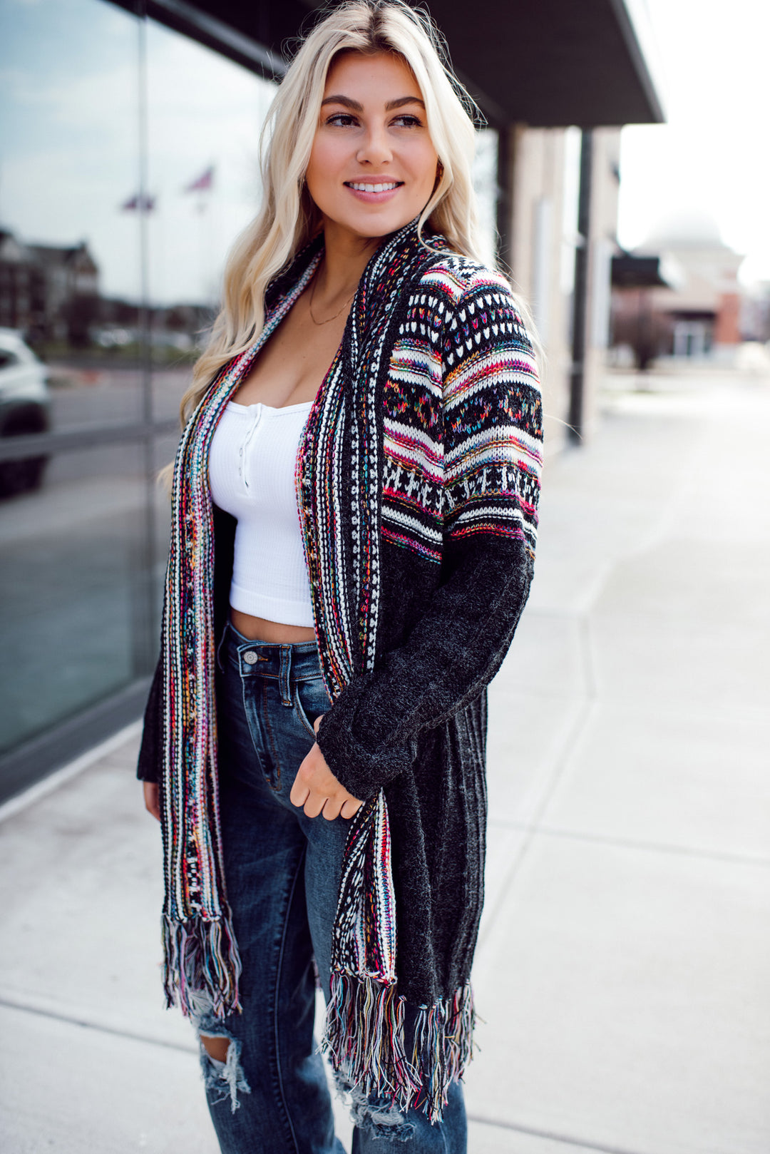 Shawl Collar Boho Cardigan - Charcoal/Ivory