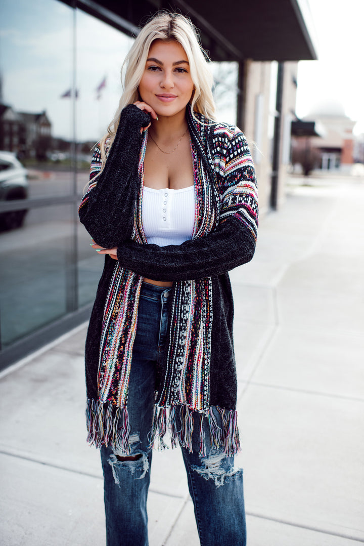 Shawl Collar Boho Cardigan - Charcoal/Ivory