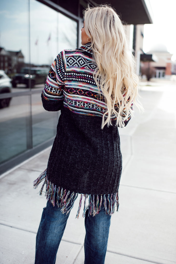 Shawl Collar Boho Cardigan - Charcoal/Ivory