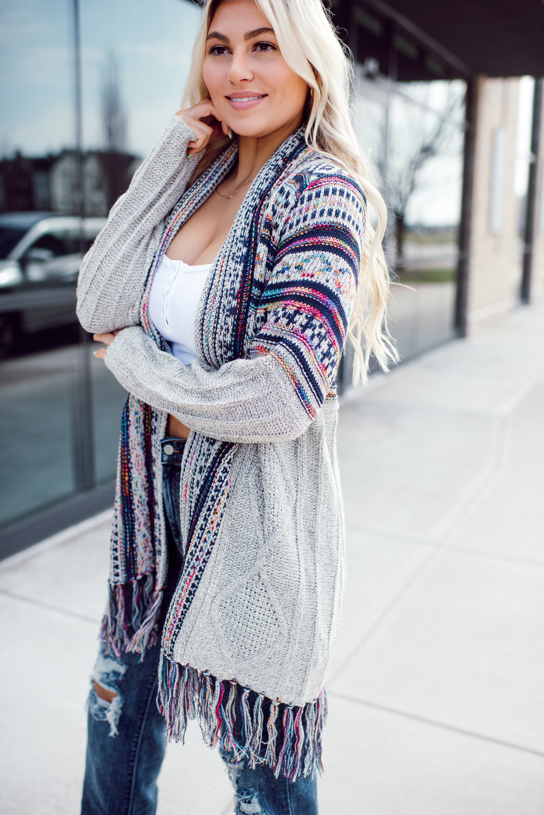 Shawl Collar Boho Cardigan - Oatmeal/Navy