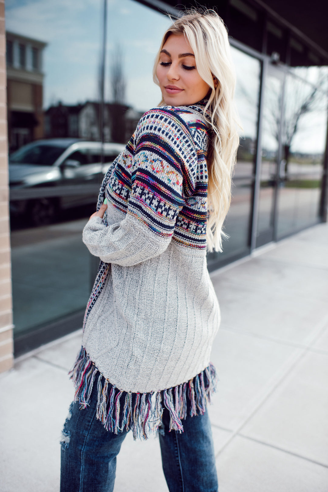 Shawl Collar Boho Cardigan - Oatmeal/Navy