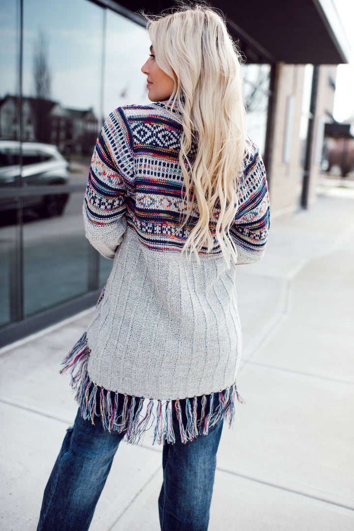 Shawl Collar Boho Cardigan - Oatmeal/Navy