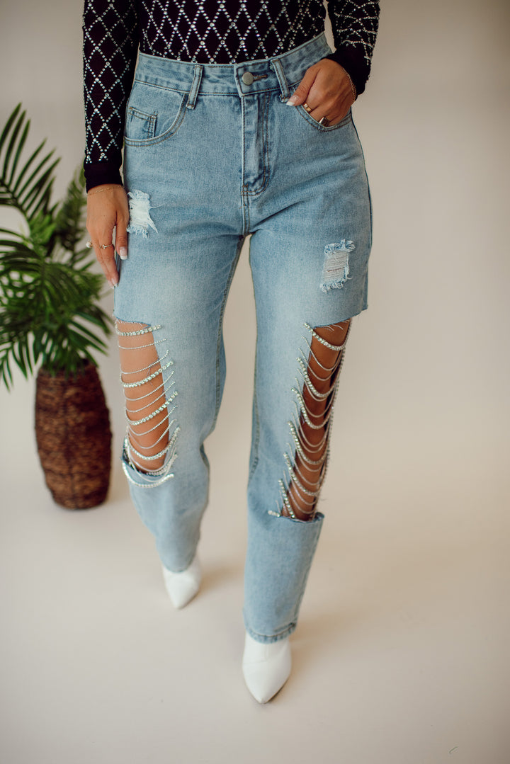 Sideways on Broadway Rhinestone Denim Jeans (Light Wash)