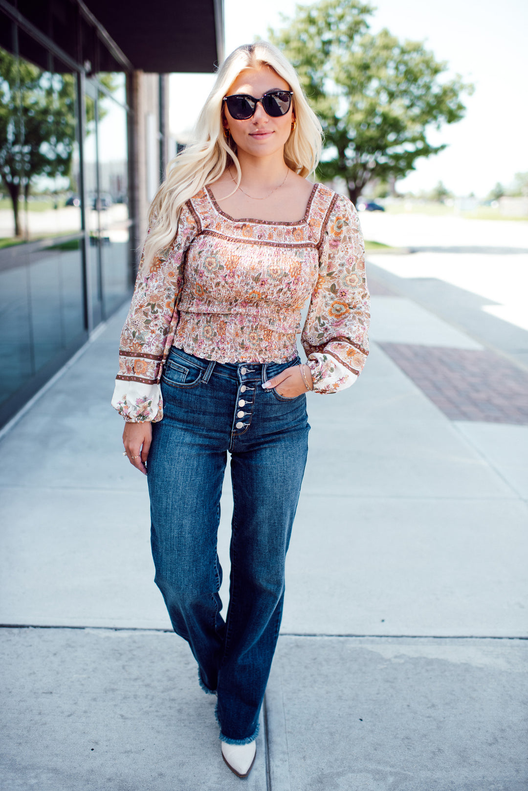 Kendyl Long Sleeve Woven Top (Orange Multi)