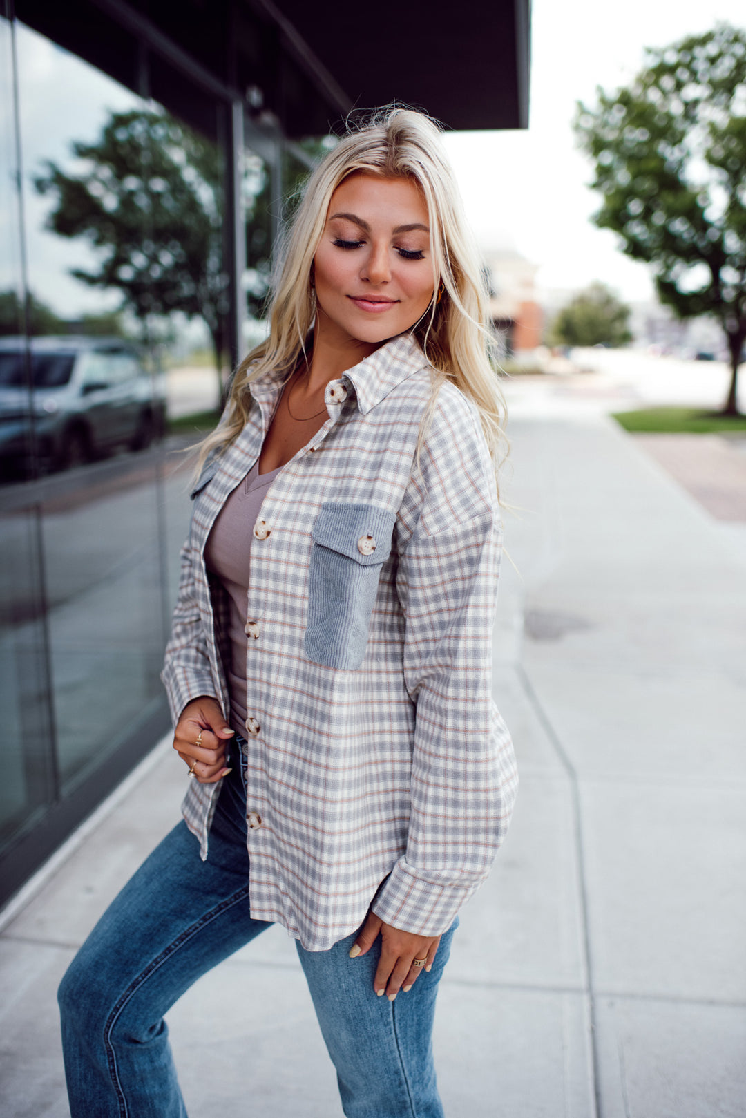 Arden Contrast Plaid Shacket (Grey Multi)