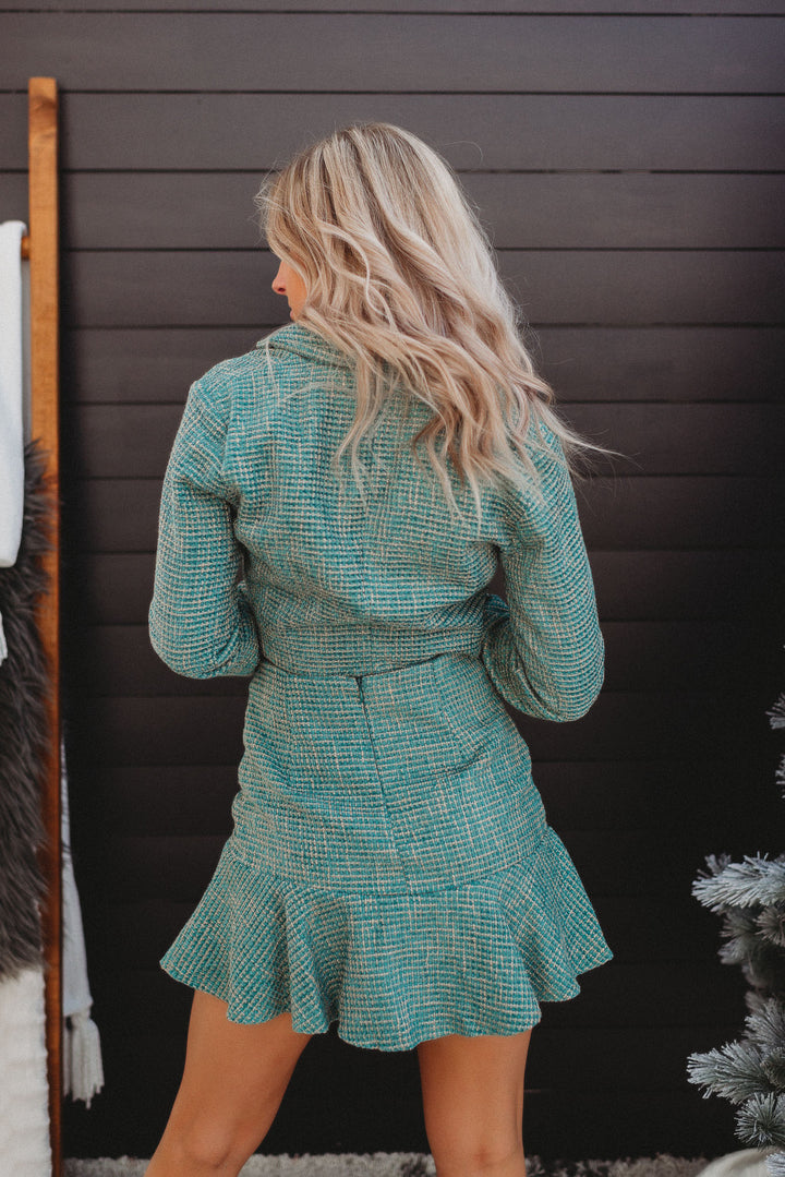 The Tyra Cropped Tweed Blazer (Teal) FINAL SALE